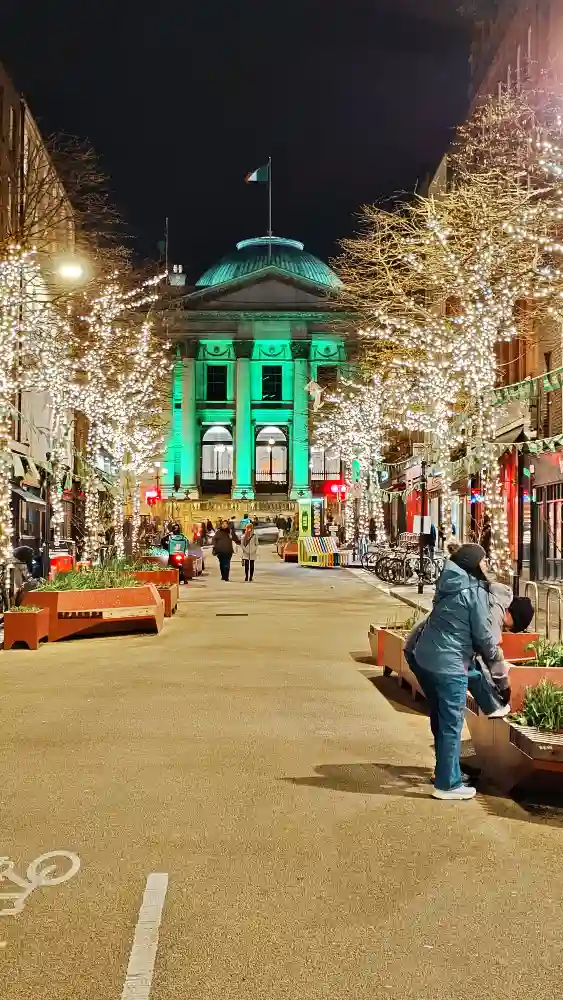 Image: St. Paddy's vibes with a building lit up in green at the end of a tree corridor with lights on them.